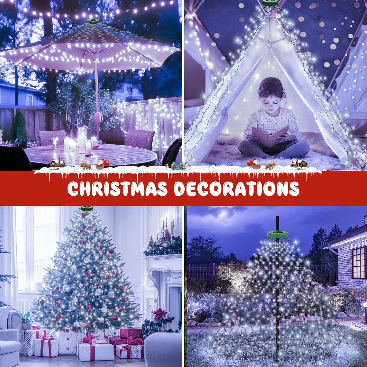 Gcstnn Christmas Tree Lights, 2m*16 Lines 400 LEDs Fairy Lights Mains Powered with 8 Light Modes,Memory & Timing Function,Waterproof for 1.5-2.5M(5-10ft) Christmas Tree Indoor and Outdoor- Cool White