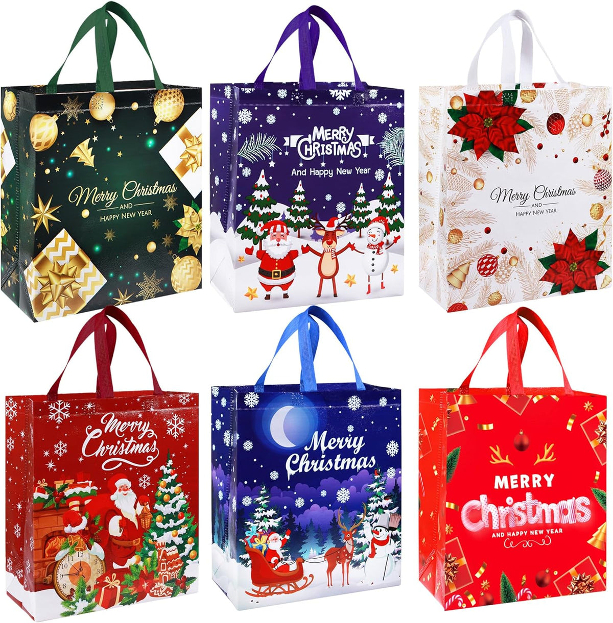 Large Christmas Tote Bags with Handle, 6 Pack Reusable Xmas Grocery Carrier Gift Bags,Waterproof Shopping for Christmas Presents Party Holiday Decoration Lovely Design