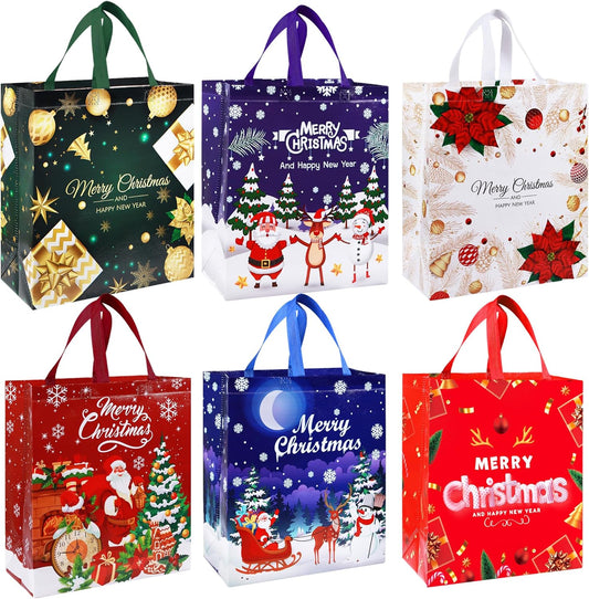 Large Christmas Tote Bags with Handle, 6 Pack Reusable Xmas Grocery Carrier Gift Bags,Waterproof Shopping for Christmas Presents Party Holiday Decoration Lovely Design