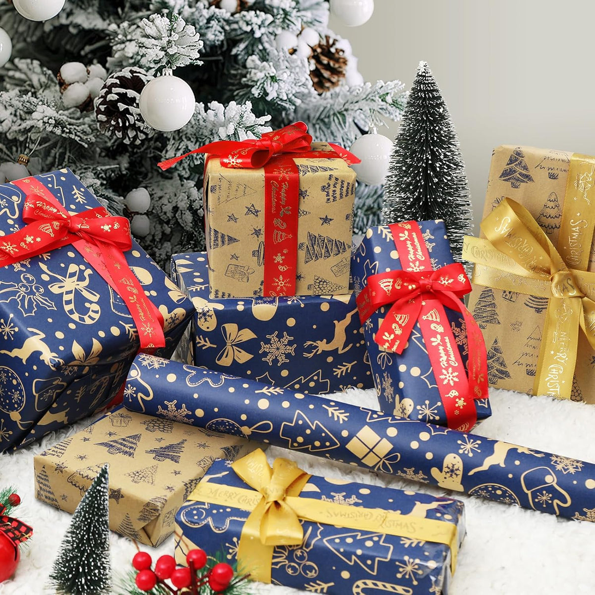 Christmas Wrapping Paper Roll for Xmas Gift Wrap, 43cm*10m Luxury Blue Double-sides Kraft Present Paper for Secret Santa Claus Ornament Party New Year Festive Holiday, One Roll_Two Packing Pattern