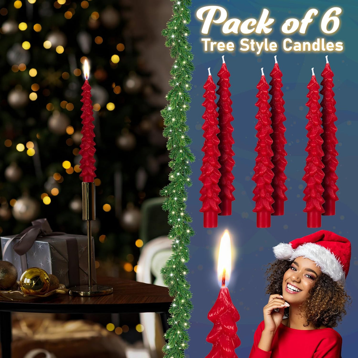 Deco Express Christmas Tree Candles Set of 3 or 6, Dinner Candles 7 Hr Burn, Table Centrepiece Festive Decor Xmas Holiday, Gift Set Home Decoration (Red, 6 Pcs)