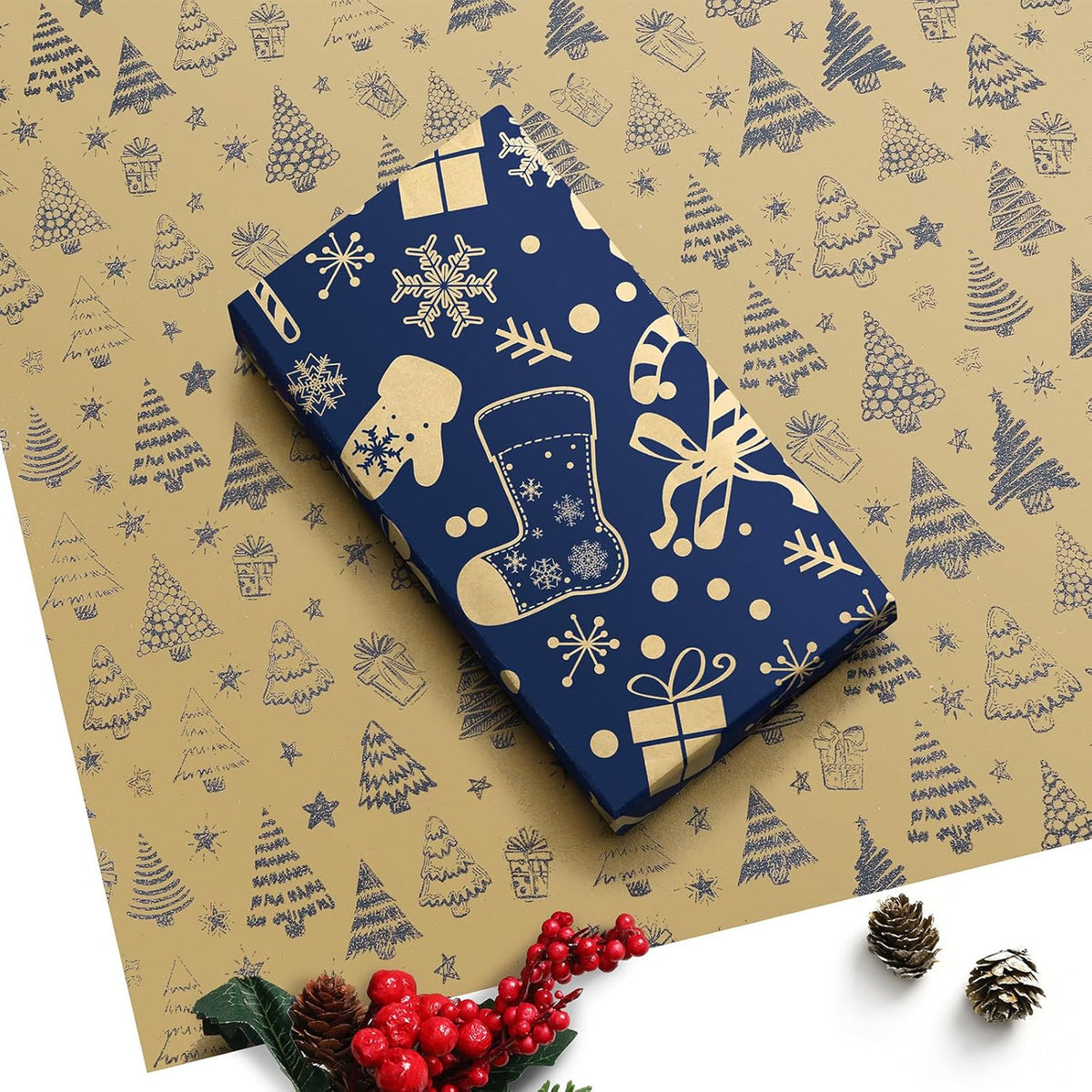Christmas Wrapping Paper Roll for Xmas Gift Wrap, 43cm*10m Luxury Blue Double-sides Kraft Present Paper for Secret Santa Claus Ornament Party New Year Festive Holiday, One Roll_Two Packing Pattern