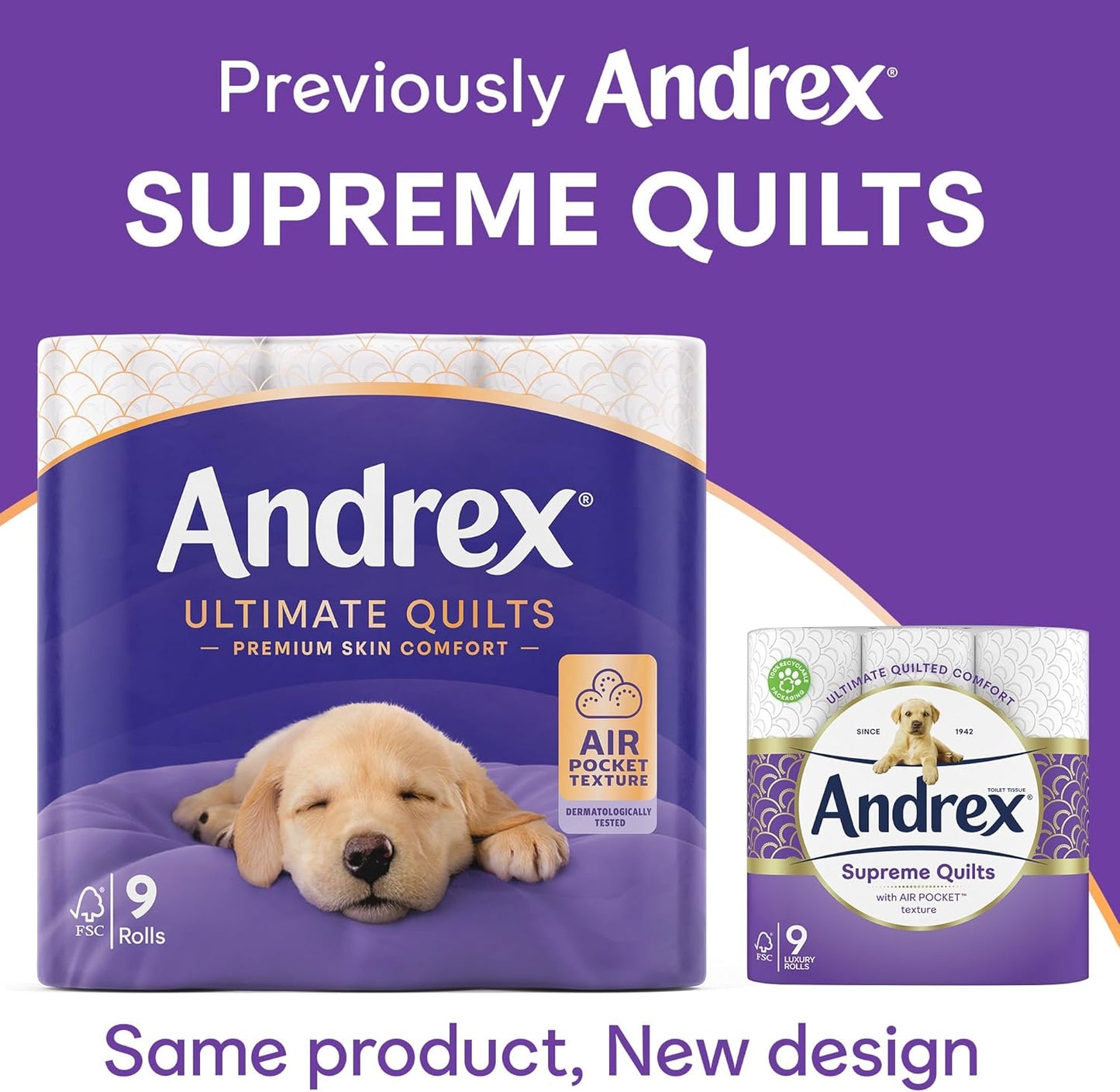 Andrex Ultimate Quilts 9 Mega Toilet Rolls = 13.5 Standard Toilet Rolls, 50% Longer Lasting Paper, Air Pocket Technology for Soft, Thick Sheets, FSC Certified