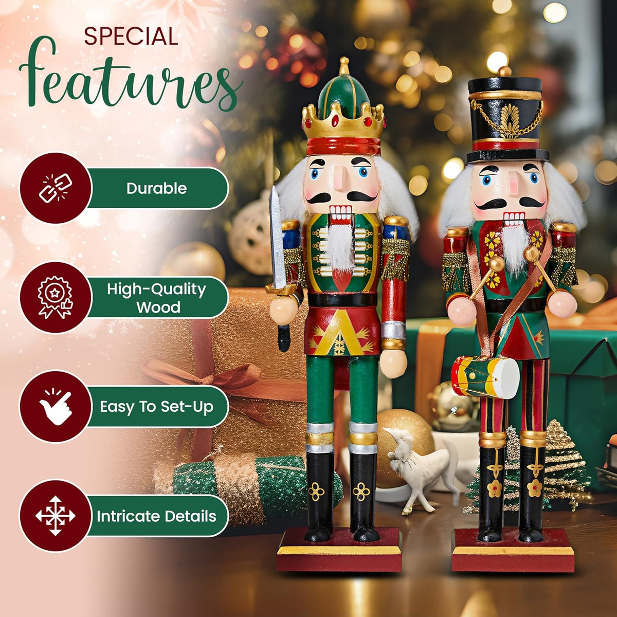 REDSTAR 2pc Christmas Nutcracker Soldier 30cm Wooden Nutcracker Christmas Decorations for Fireplace - 2 Pack Wooden Figures Indoor - Xmas