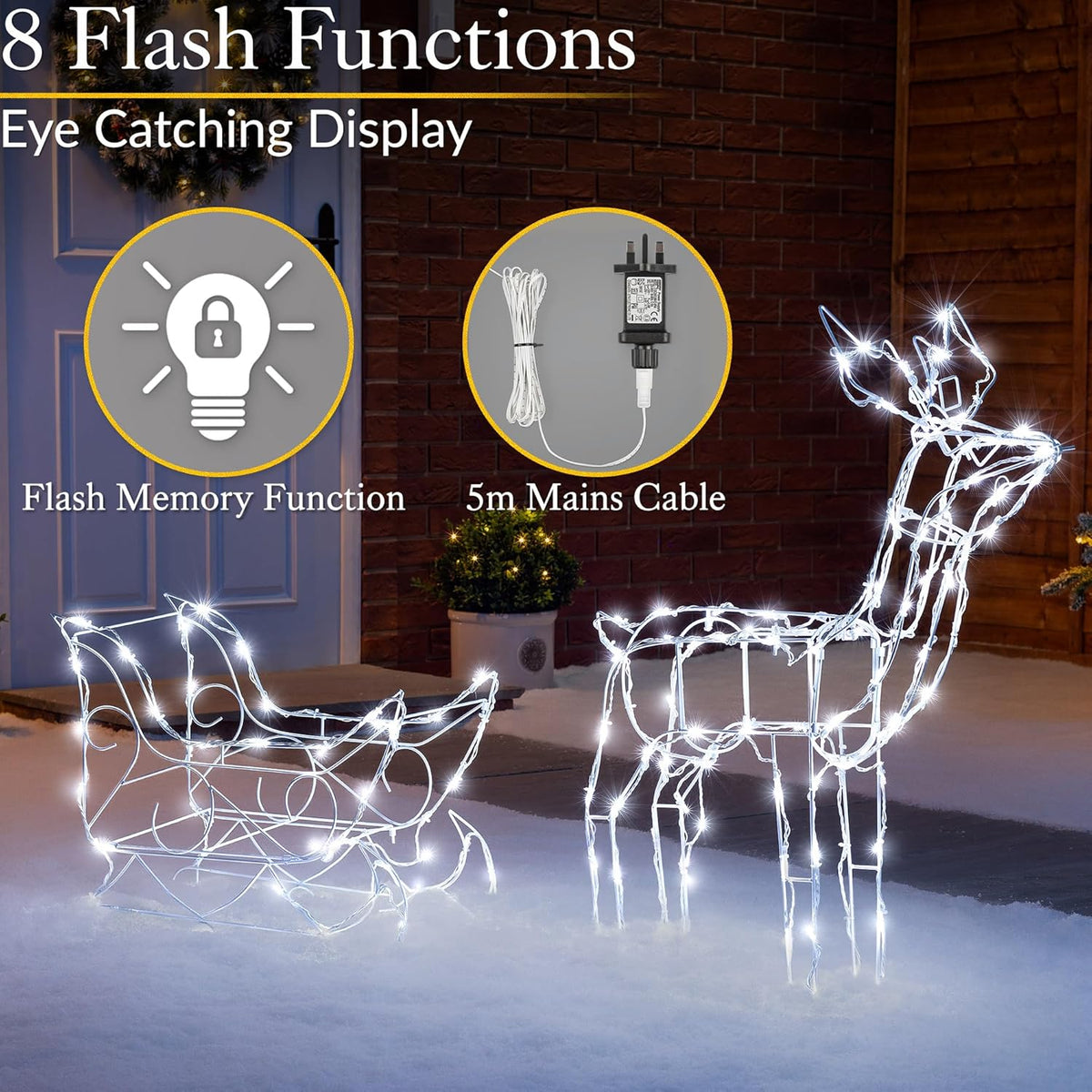 Christow Christmas Reindeer Sleigh Light Up Outdoor Decoration, Energy Efficient LED White Wire Flashing Garden Silhouette, Mains Powered