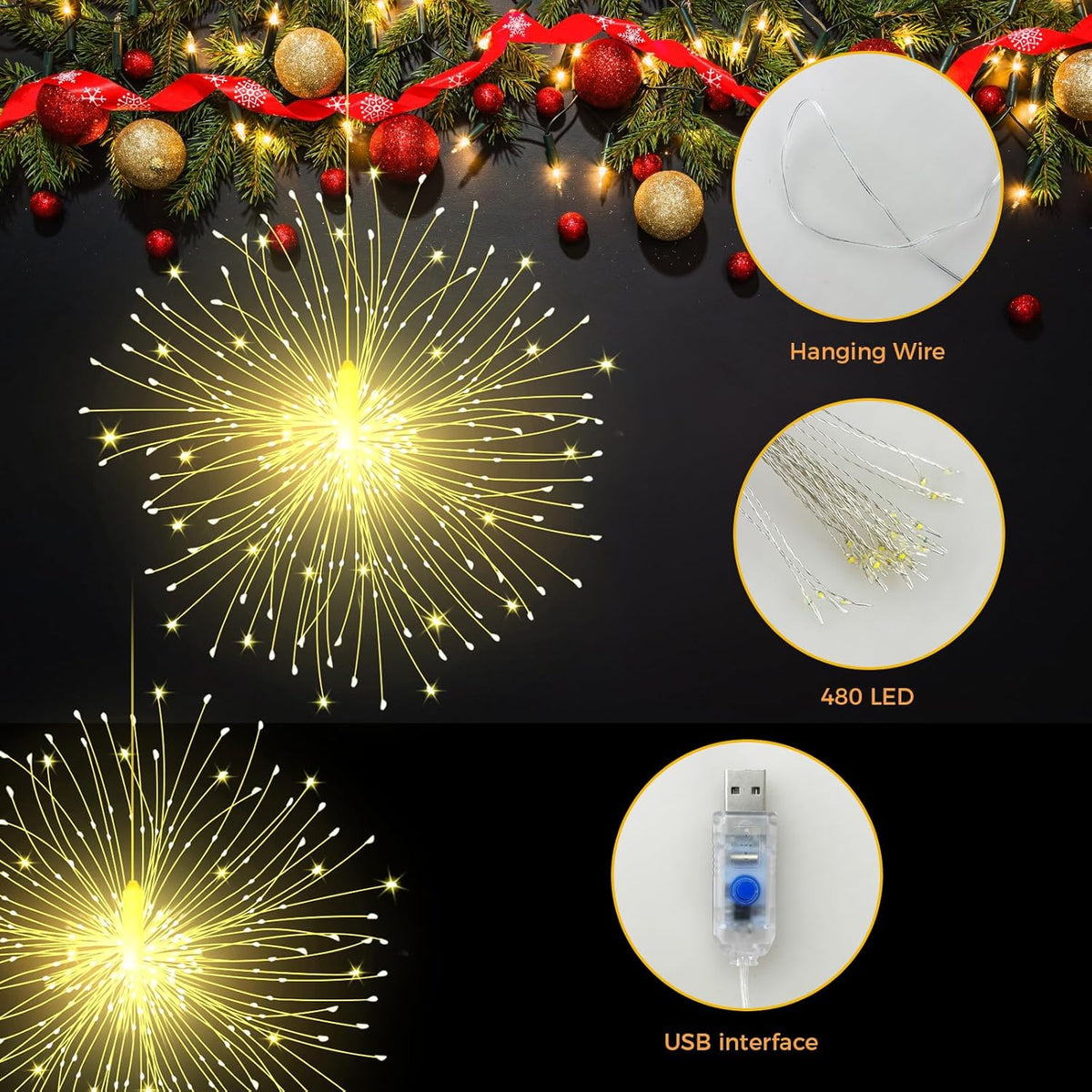 CNMTCCO Christmas Fairy Lights, 4 Pack Hanging USB Firework Lights 480pcs led 8 Modes,Globe Waterproof Copper Wire Lights,Suitable for Home Christmas Halloween Outdoor Party Backyard Decoration