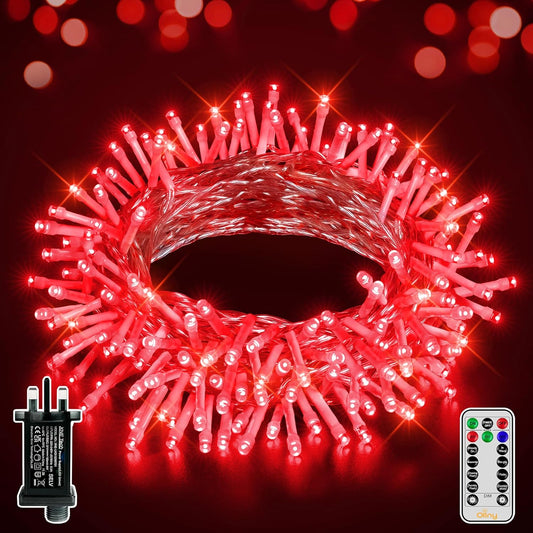Ollny 10m 100 LED Fairy Lights Mains Powered, Outdoor Waterproof String Light with Remote/Plug/Modes/Timer, Bright Red Lighting Outside Indoor Garden Tree Decorations