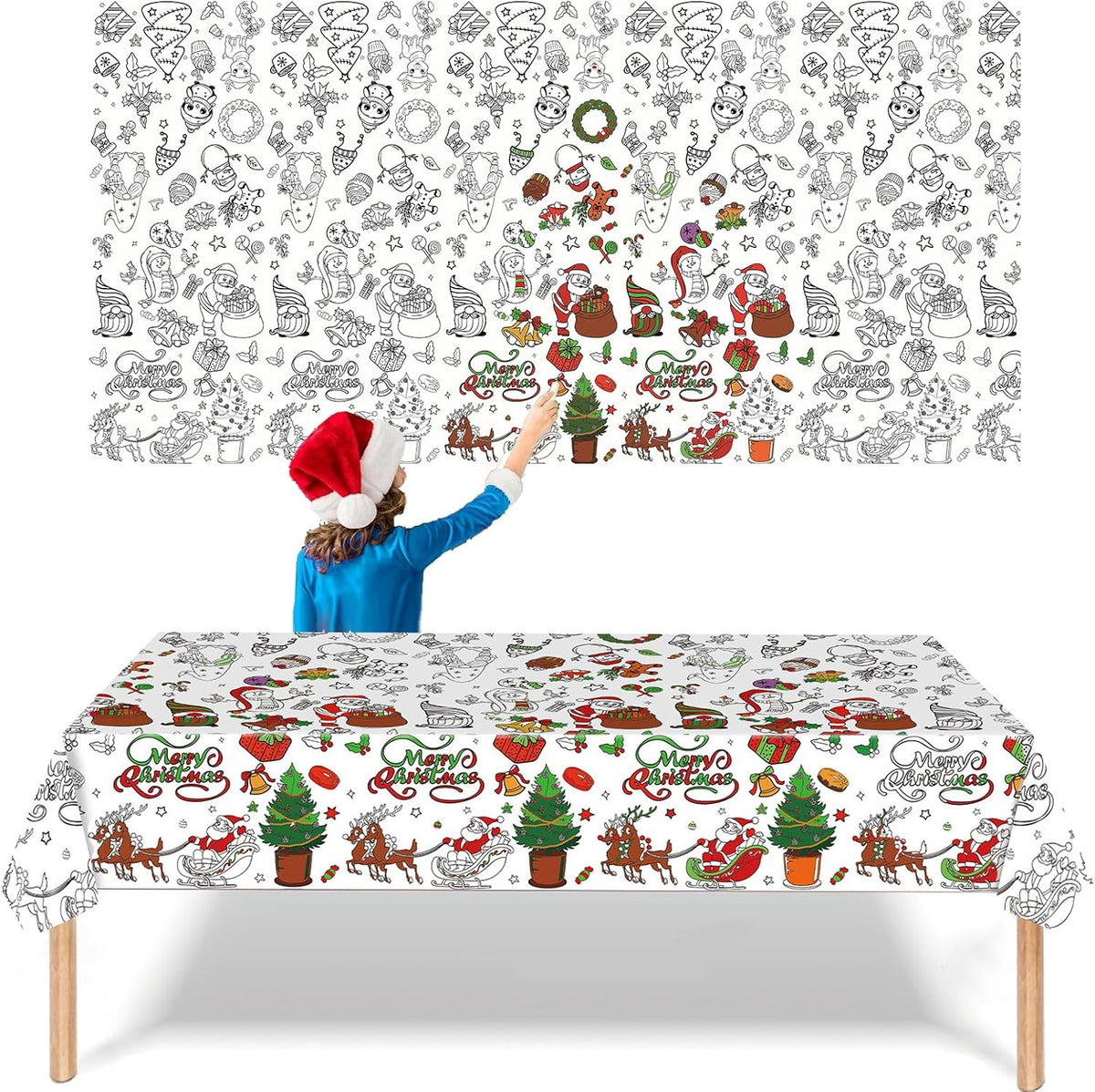 Christmas Colouring Tablecloth for Kids,Xmas Party Table Cloth,137x274cm Colorful Table Cover for Party Decoration,Giant Xmas Themed Coloring Poster for Party Supplies,DIY Coloring Table Decor