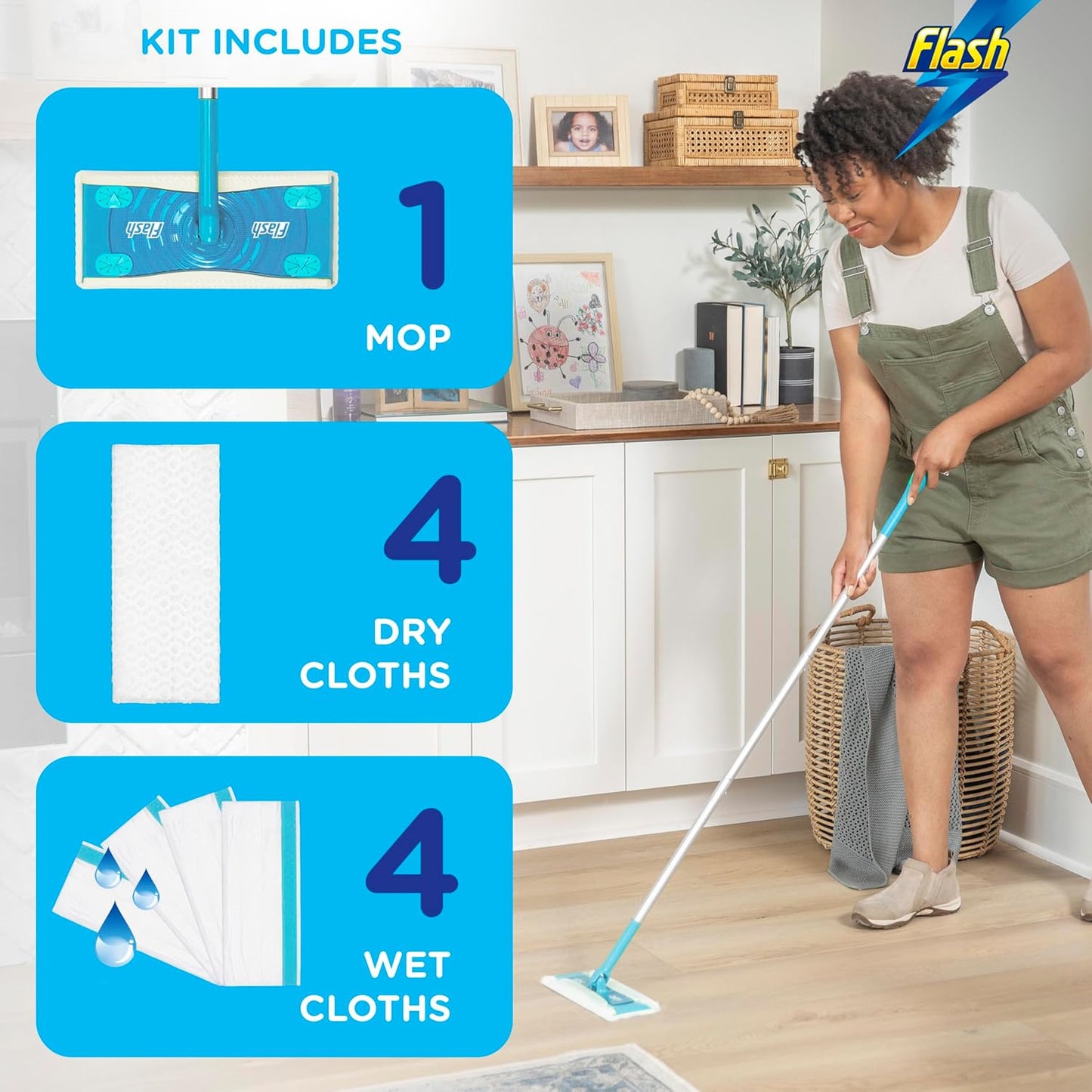 Flash Speedmop Floor Cleaner Starter Kit, Fast Easy & Hygienic (1 Handle + 4 Wet & 4 Dry Refills), Trap & Lock Daily Dirt, Grease & Grime Without Getting Down On Your Knees