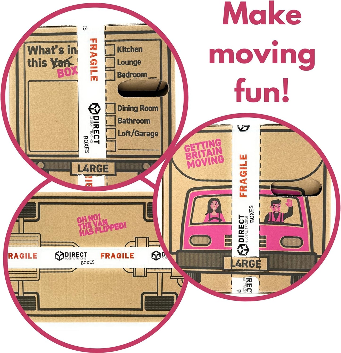 20 Strong Large Cardboard Storage Packing Moving House Boxes with Fragile Tape 52cm x 30cm x 30cm 47 Litres Carry Handles and Room List