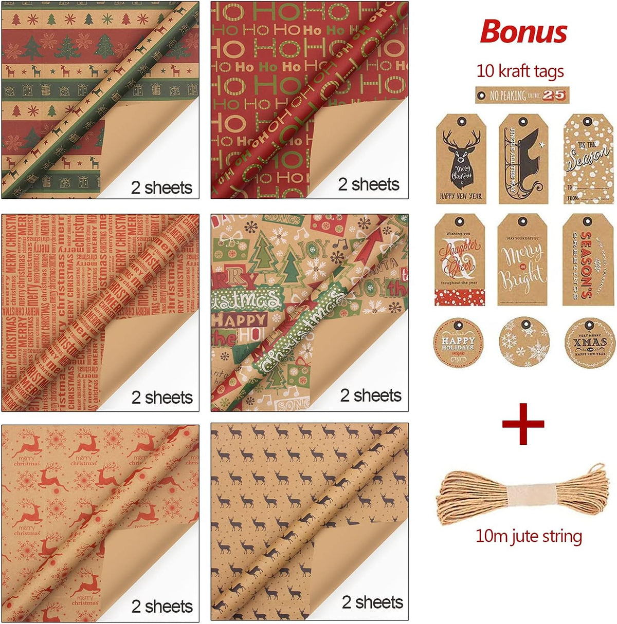 Christmas Wrapping Paper Set – 12 Folded Sheets 70x50cm Recycled Kraft Gift Wrap with 6 Vintage Designs, Includes 10m Jute String & 10 Gift Tags – Eco-Friendly Recyclable Xmas Paper