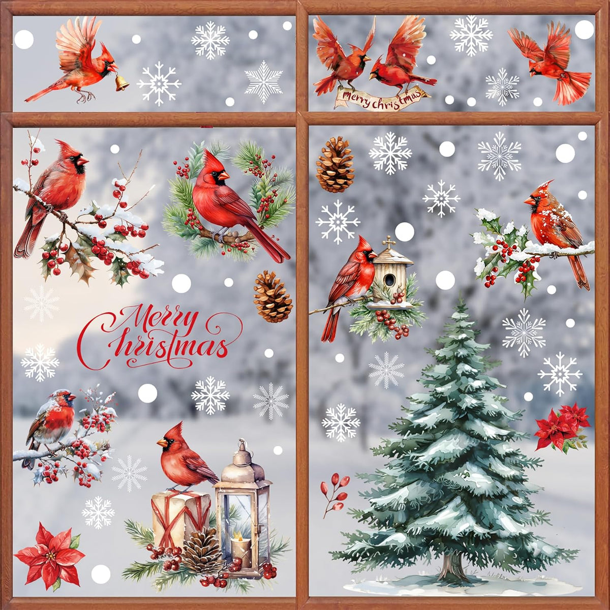 OPUHOHR Christmas Cardinal Window Clings, Christmas Red Birds Window Stickers, Xmas Decals Decorations 2025 New Year Christmas Holiday Living Room Home Kitchen Decor