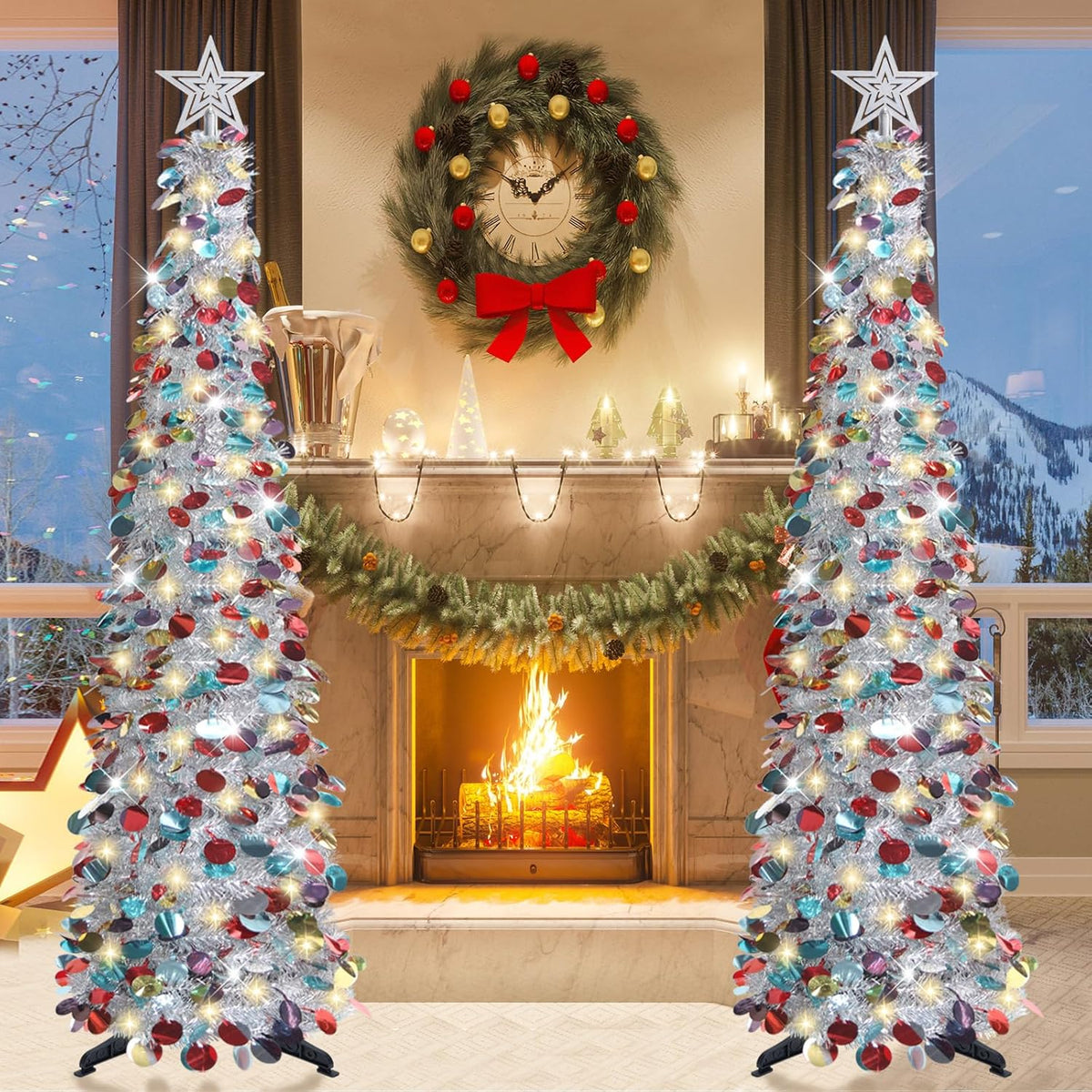 HMASYO 5FT/1.5M Pop Up Christmas Tree with Timer Lights, Silver Tinsel Christmas Tree, Collapsible Artificial Pencil Tree Xmas Decoration for Indoor Home Apartment Porch Party, Easy Assembly