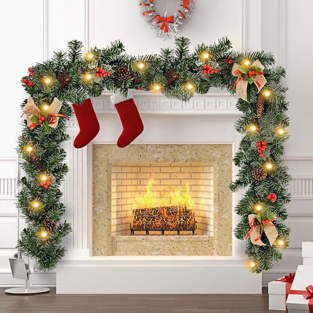 1.8M/6FT Christmas Garland with Lights, Christmas Garlands for Fireplace Stairs Artificial Wreath with 50 LED Lights and Bow Pine Cones Berries for Xmas Tree Front Door Home Holiday Decor