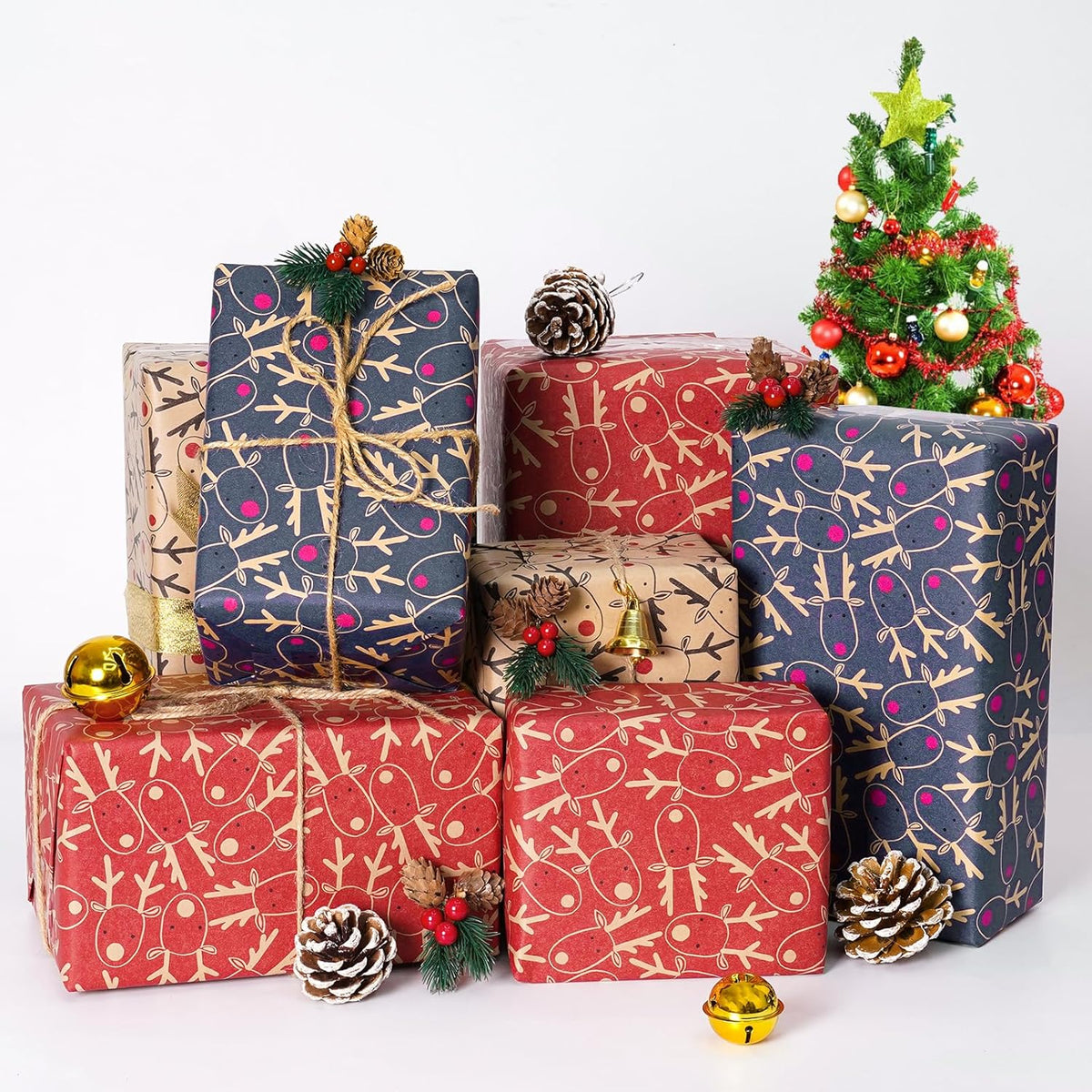 Koncci 3 x 5M Christmas Wrapping Paper, 60cm x 5m Festive Elk Pattern Kraft Gift Wrapping Paper, Recyclable Xmas Wrapper for Christmas, Party, Festive Decorations (Brown Blue Red)