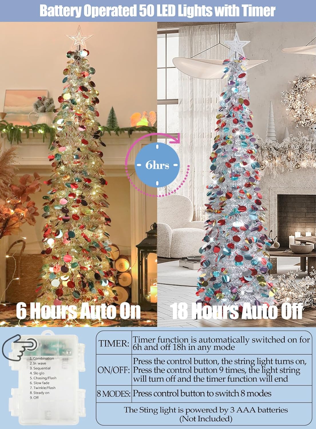 HMASYO 5FT/1.5M Pop Up Christmas Tree with Timer Lights, Silver Tinsel Christmas Tree, Collapsible Artificial Pencil Tree Xmas Decoration for Indoor Home Apartment Porch Party, Easy Assembly