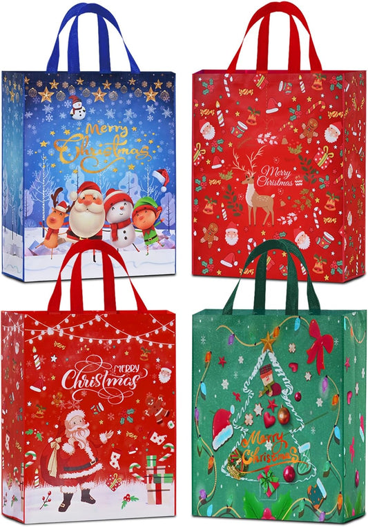 AhfuLife Extra Large Christmas Bags for Gift, 54 x 41x 16cm, 4pcs Jumbo Xmas Tote Oversized Bags with Handles, Reusable Multipack Non-woven Christmas Shopping Bag, Xmas Party Favor Bag Decorations