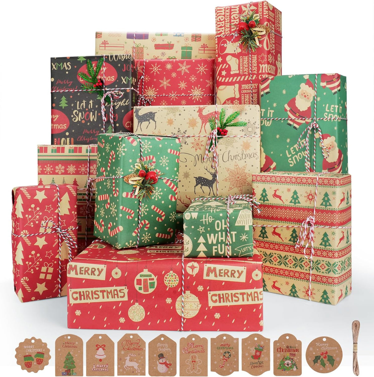 Christmas Wrapping Paper Set – 12 Sheets 70x50cm Recyclable Kraft Gift Wrap with 10 Gift Tags & 10m Twine, Eco-Friendly Xmas Wrapping Paper for Holiday, Present & Craft Wrapping