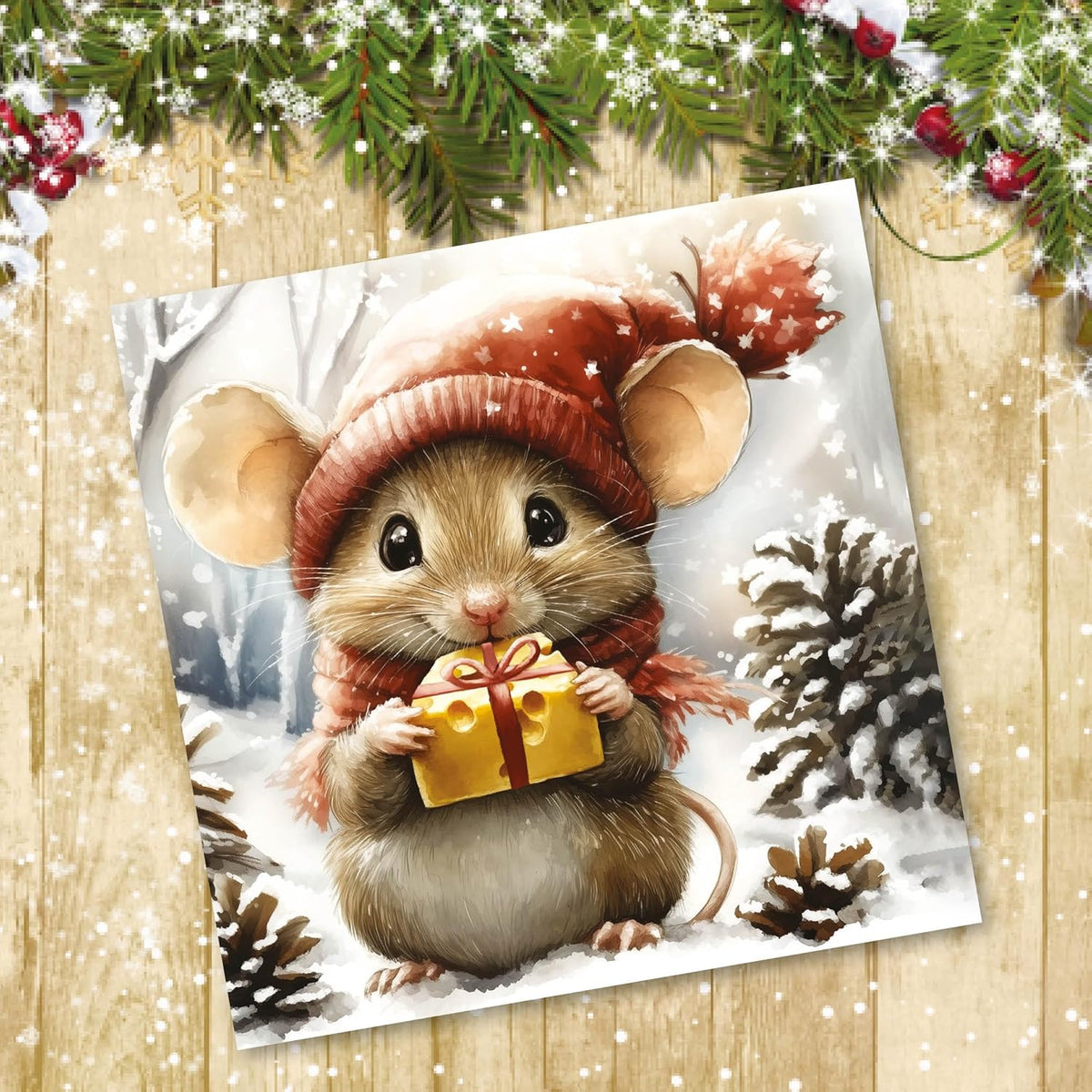 Charity Christmas Cards Pack of 32. Each Christmas Card multipack has 4 different Festive Mice designs. Ecofriendly and UK made. Verse Inside. Small 100 x 100mm card size.