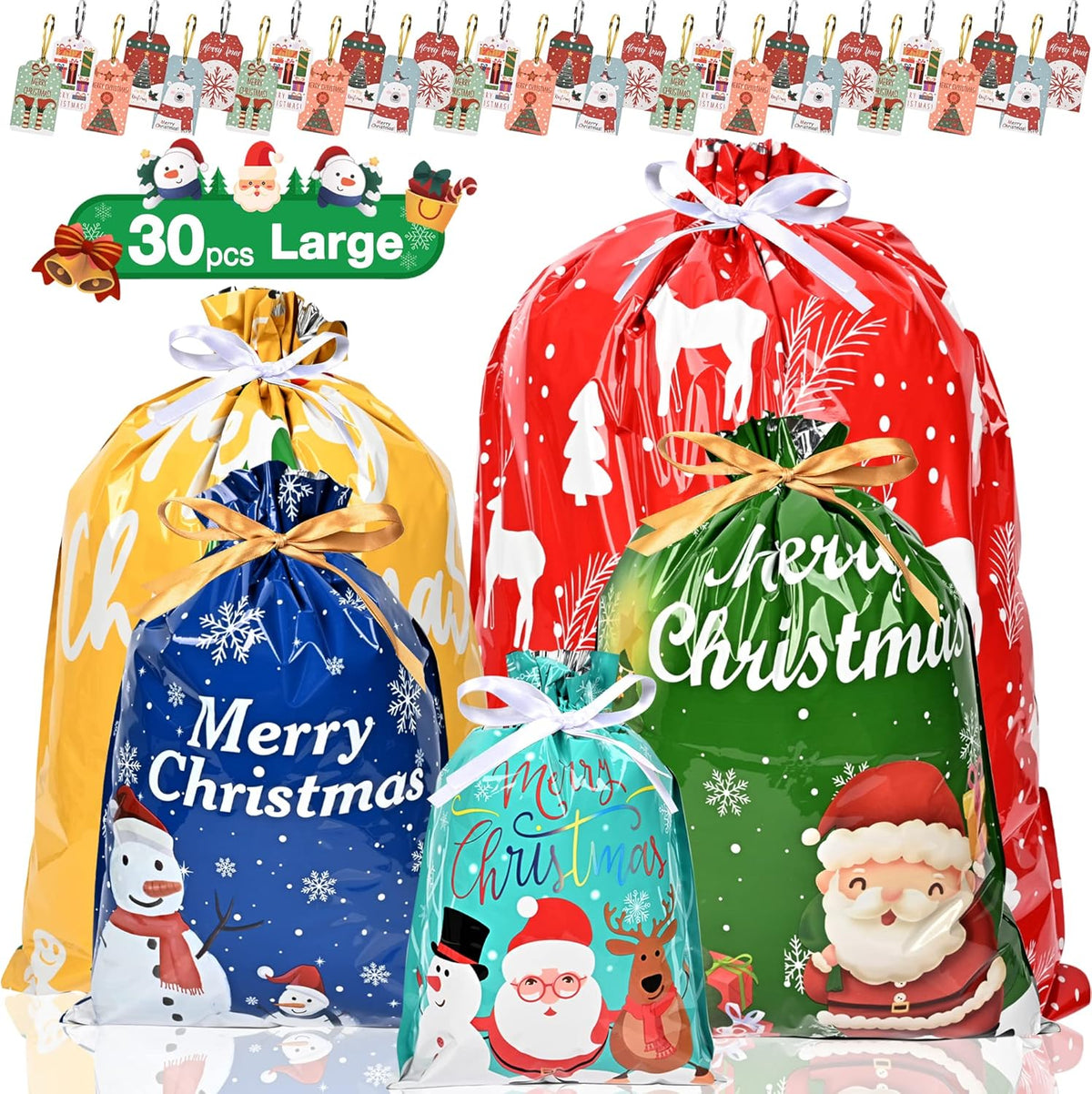 Christmas Wrapping Bags 30Pcs Extra Large Christmas Drawstring Gift Bags With Tags,Foil Xmas Tie Bags for Presents Variety of Sizes,Reusable Christmas Wrap Bag Multipack 5 Sizes & 13 Different Designs