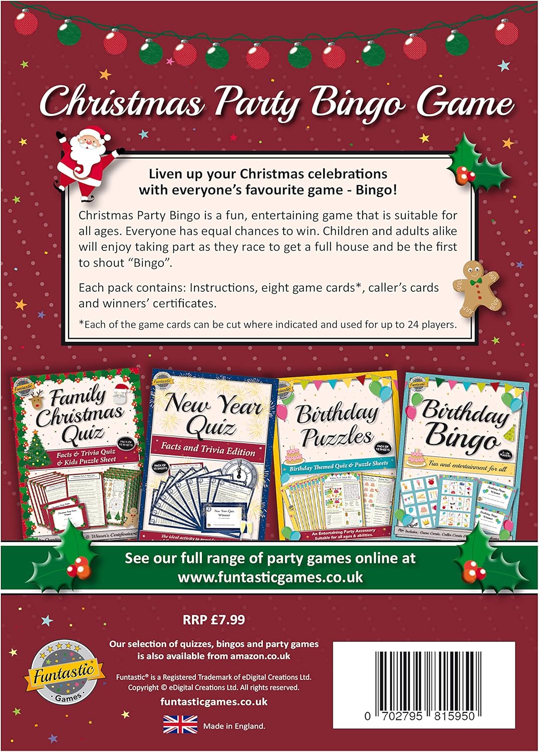 Christmas Party Bingo Game. A fun entertaining activity idea for family, friends, office party, clubs or pubs -novelty secret santa gift or stocking/xmas eve box filler.