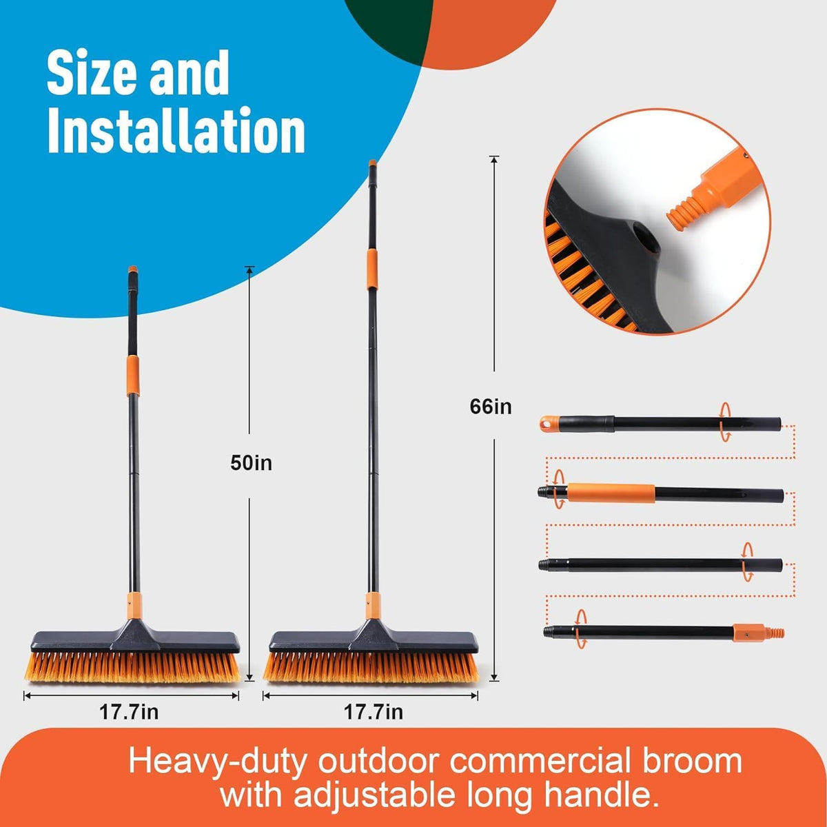 Garden Broom, Yard Brush Heavy Duty Outdoor 2-1 50&66in