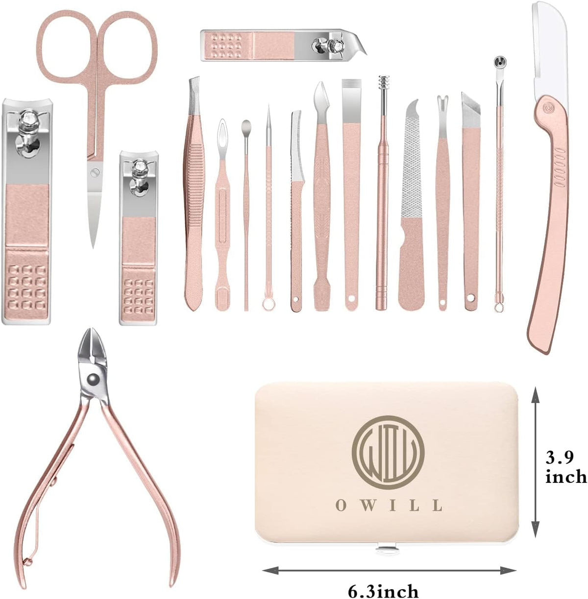 OWILL Manicure Set 18-Piece – Rose Gold Nail Care Kit
