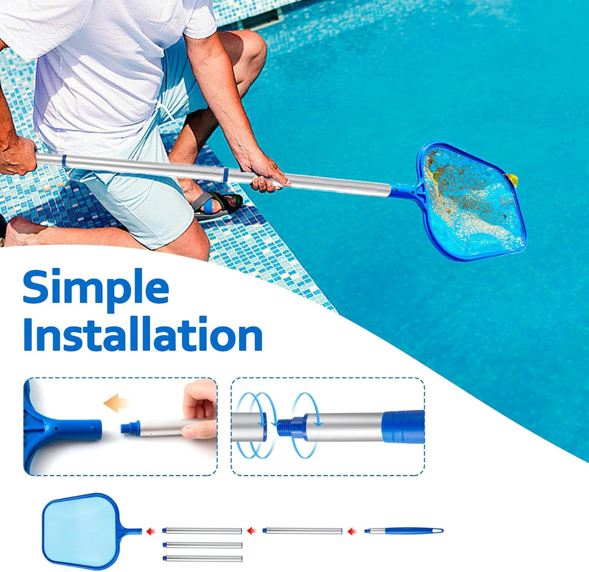 Swimming Pool Skimmer Net 11″ × 64″ – Ultra Fine Mesh & 5-Section Pole